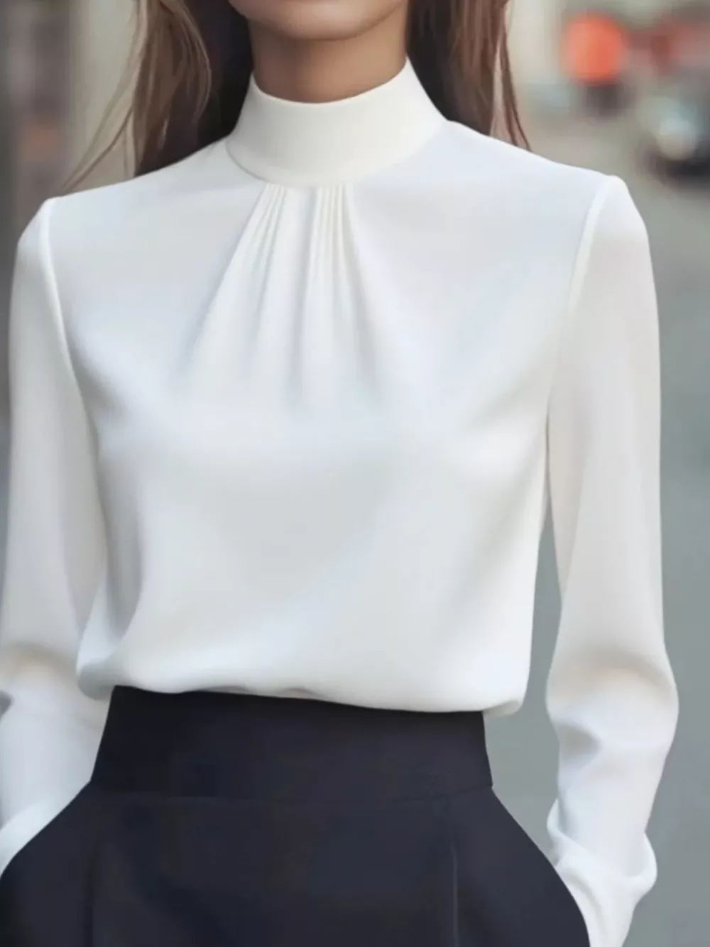 Mock Neck Long Sleeve Blouse with Pleated Detail, image 10