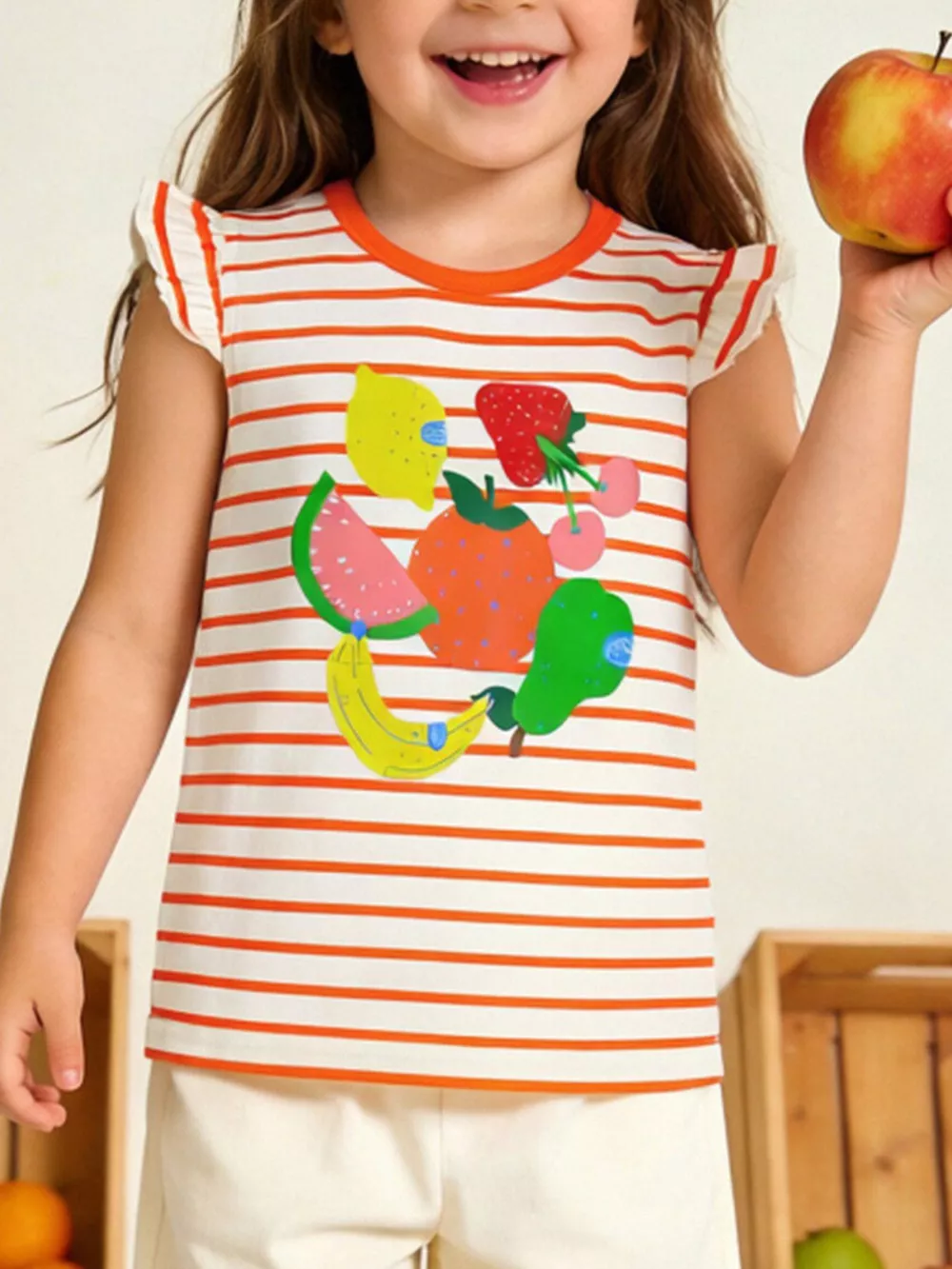Children's Striped Fruit Print Ruffle Sleeve Tee