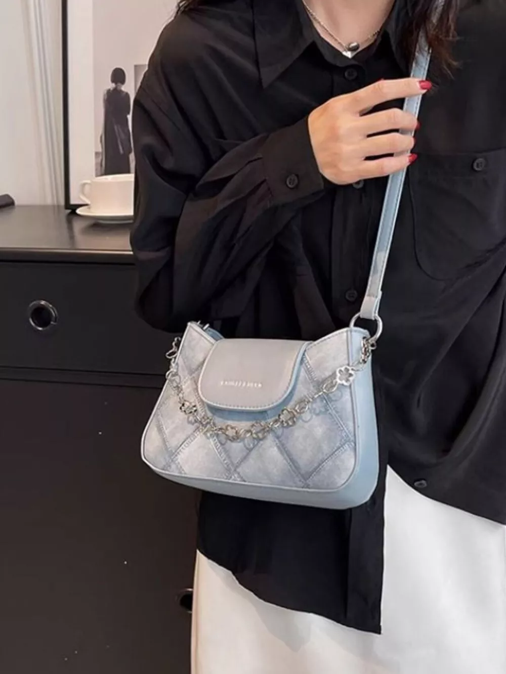 Chain Decor Leather Shoulder Bag, image 9