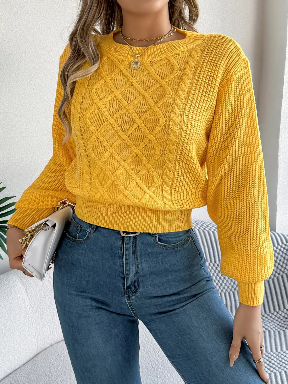 Cable Knit Diamond Pattern Long Sleeve Sweater, image 8