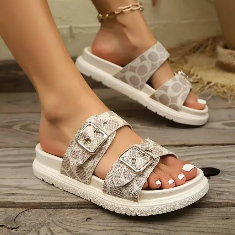 Open Toe Double Buckle Flat Sandals, image 2