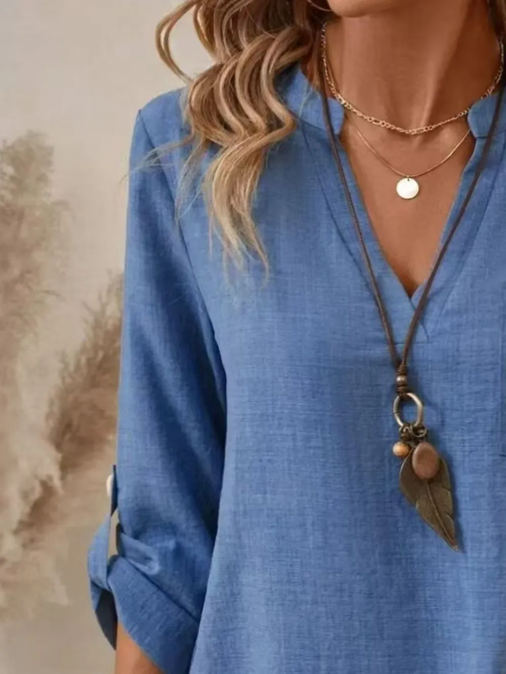 Casual Notched Roll-Up Sleeve Pocket Blouse, image 3