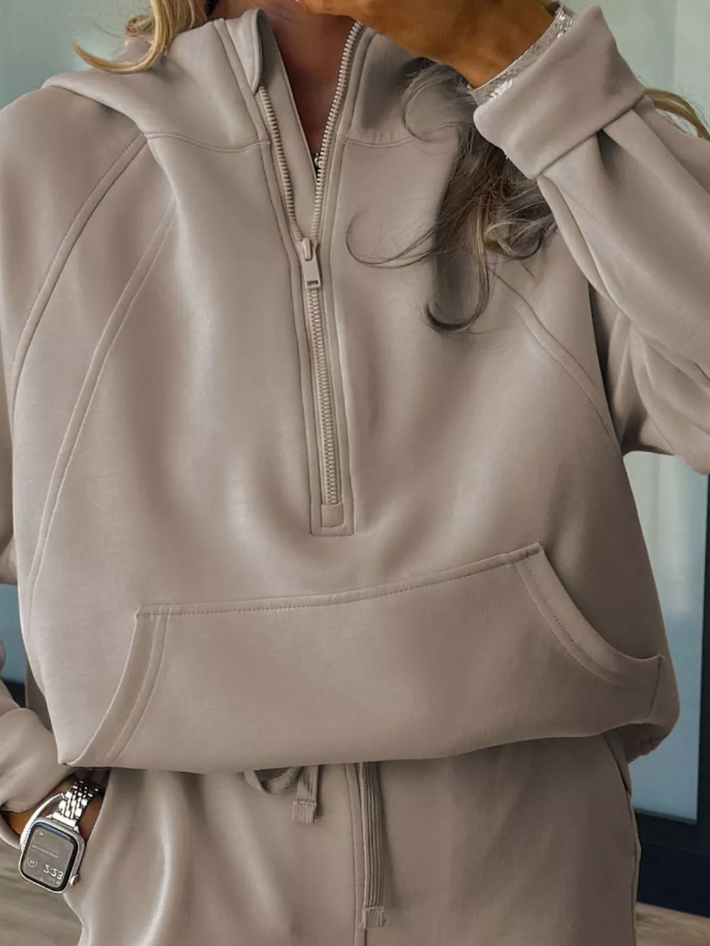 Half Zip Long Sleeve Hoodie and Pants 2pcs Outfit, image 2