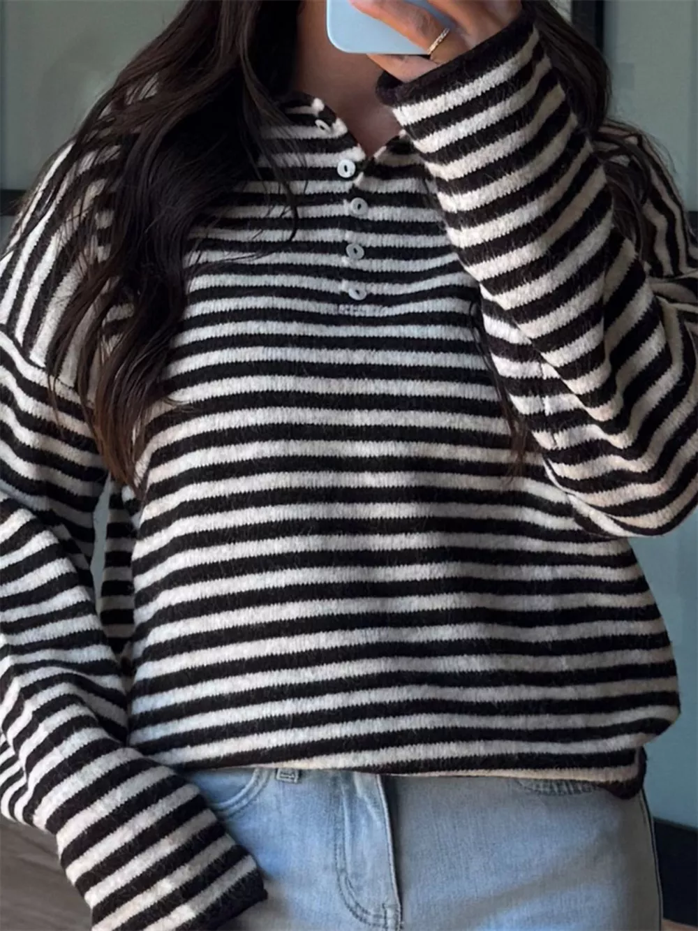 Button Detail Dropped Shoulder Striped Sweater, image 10