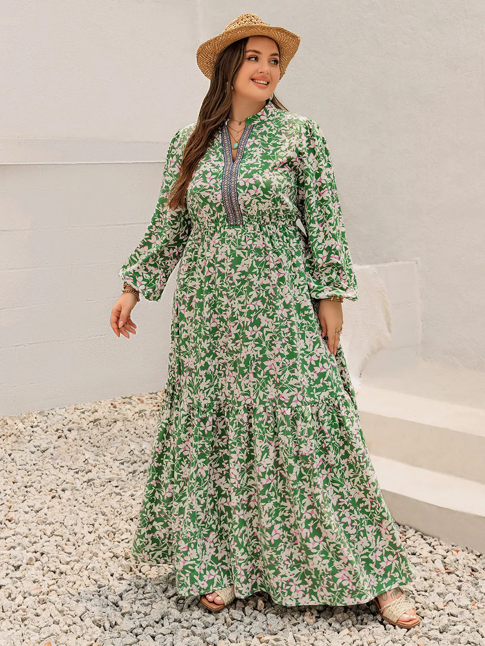 Plus Size Printed Notched Long Sleeve Maxi Dress, image 4