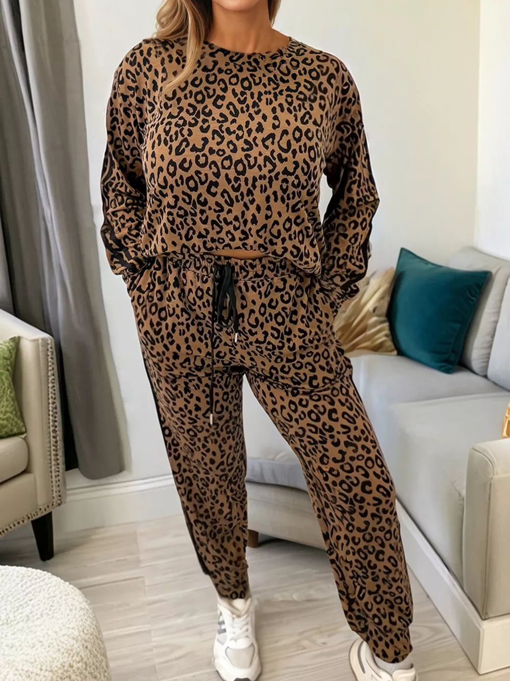 Striped Trim Leopard Long Sleeve Top Drawstring Pant Set, image 3