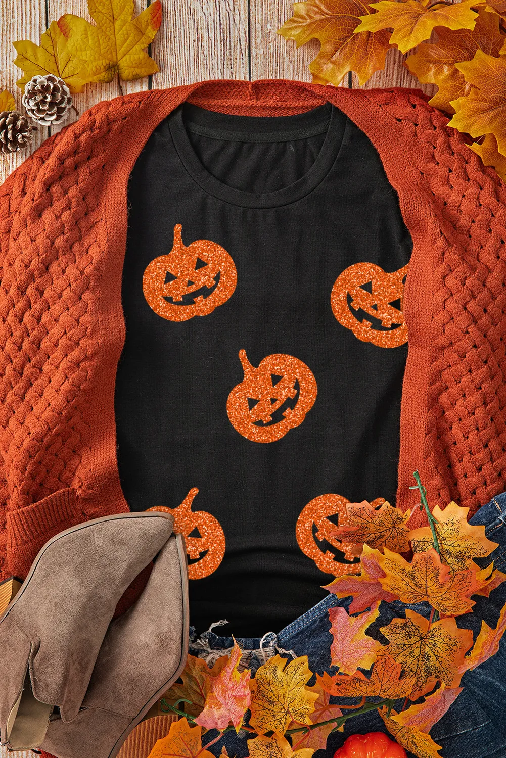 Full Size Glitter Jack-O'-Lantern Round Neck Short Sleeve T-Shirt, image 3