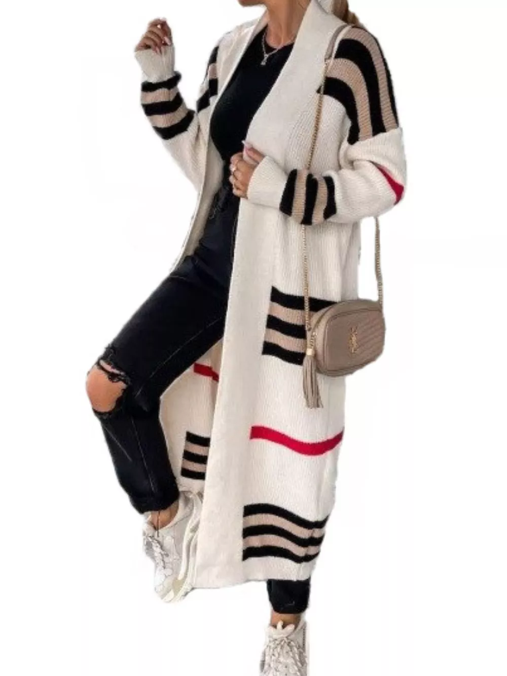 Striped Longline Open Front Cardigan, image 5