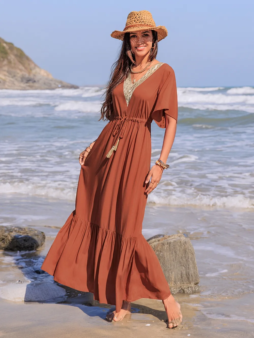 Ruffled Tassel V-Neck Flutter Sleeve Dress, image 2