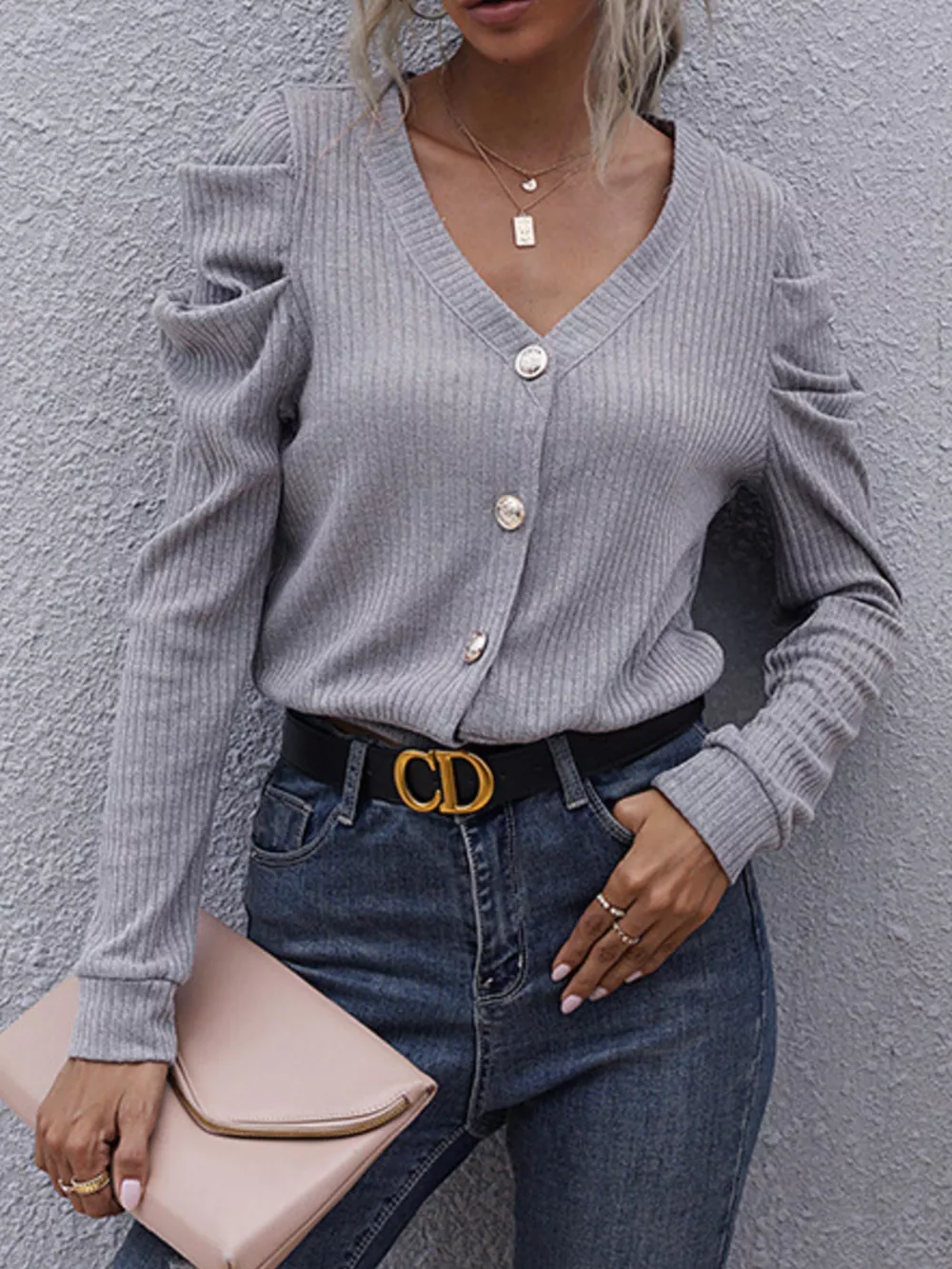 Ribbed V-Neck Button-Up Cardigan, image 2