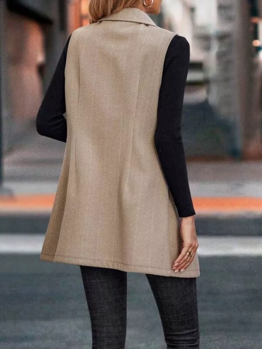 Buttoned Collared Neck Longline Vest Coat, image 3