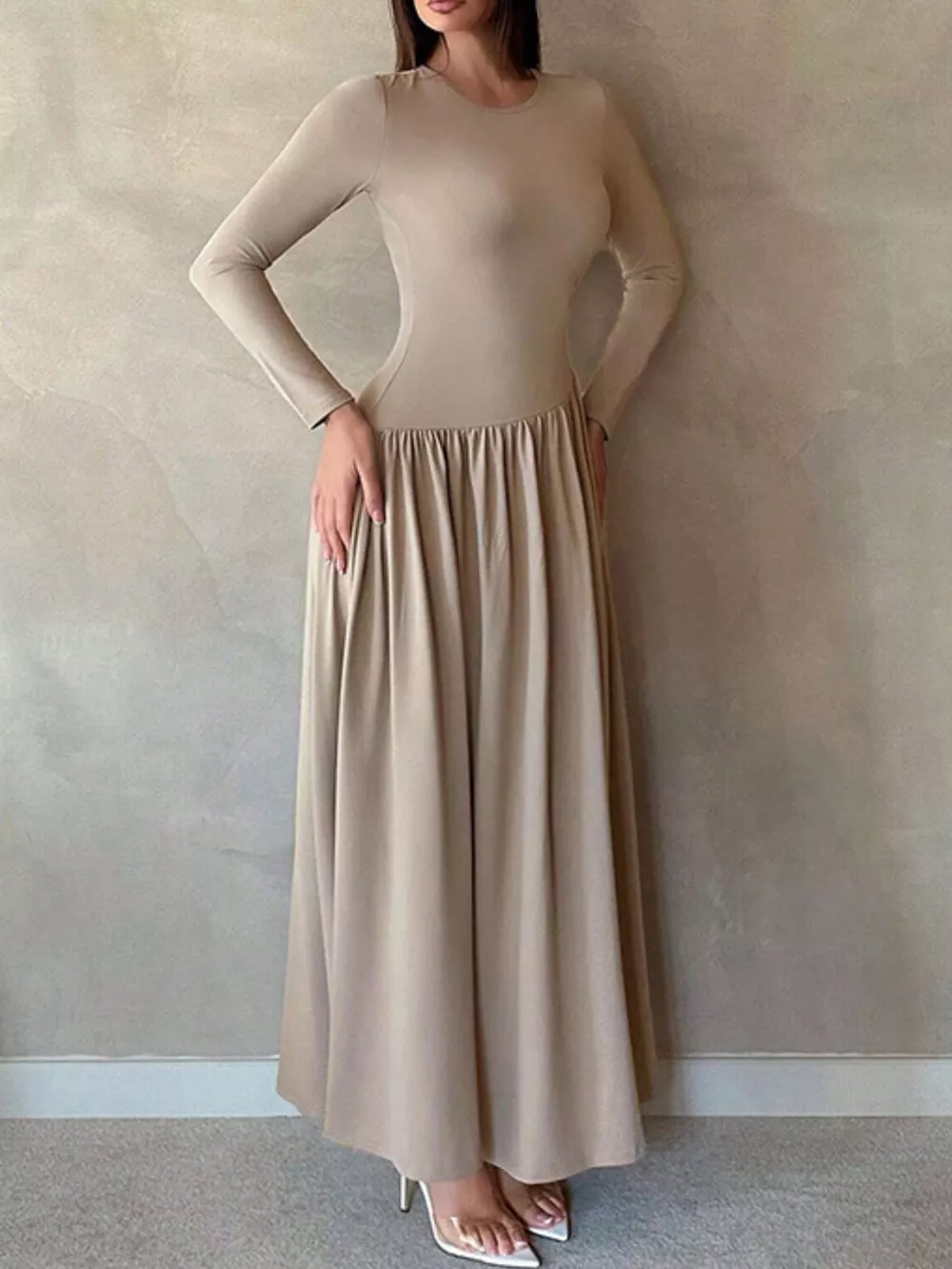 Long Sleeve Ruched A-Line Maxi Dress, image 4