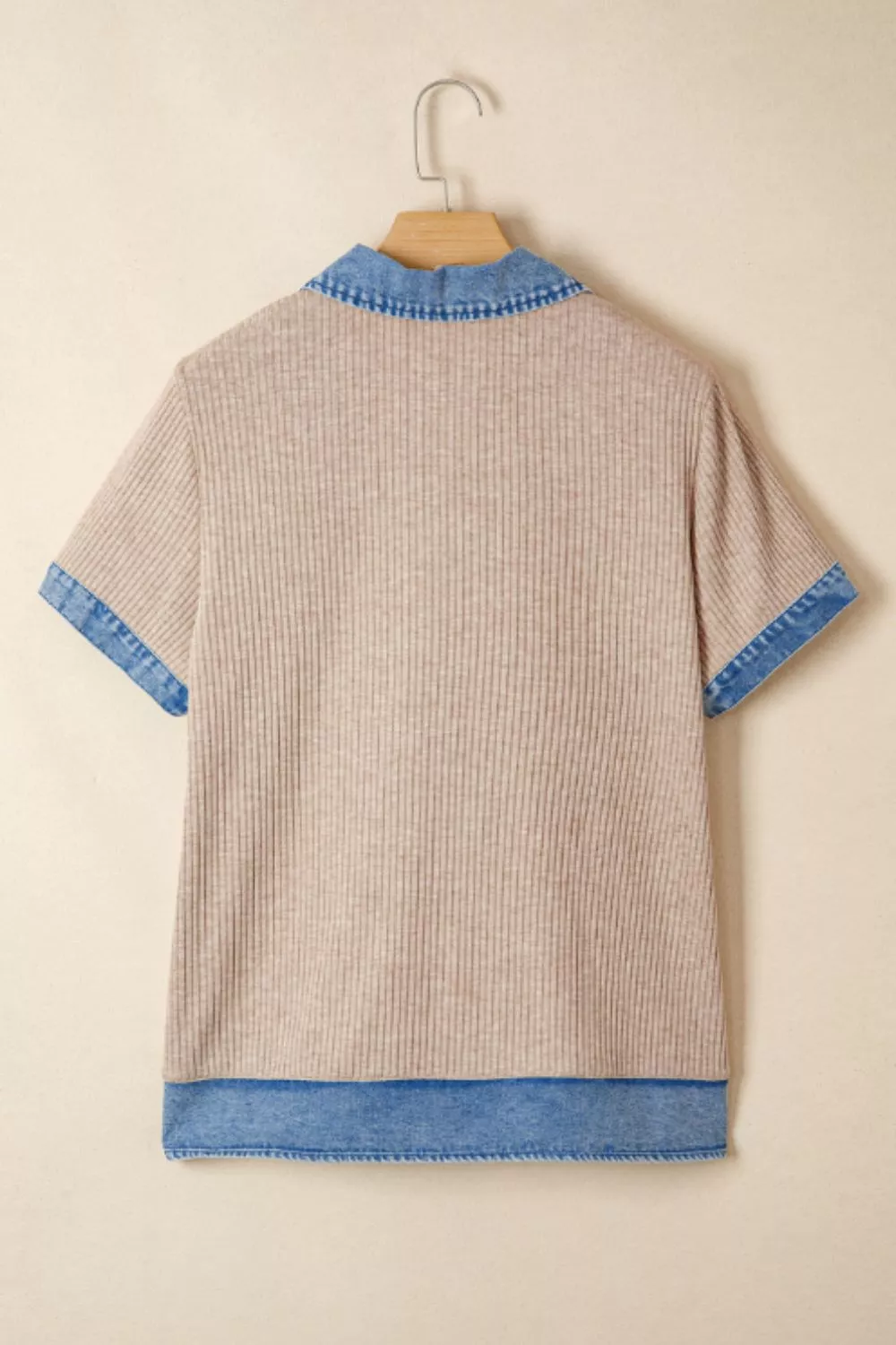 Ribbed Knit Contrast Denim Collar Top, image 4