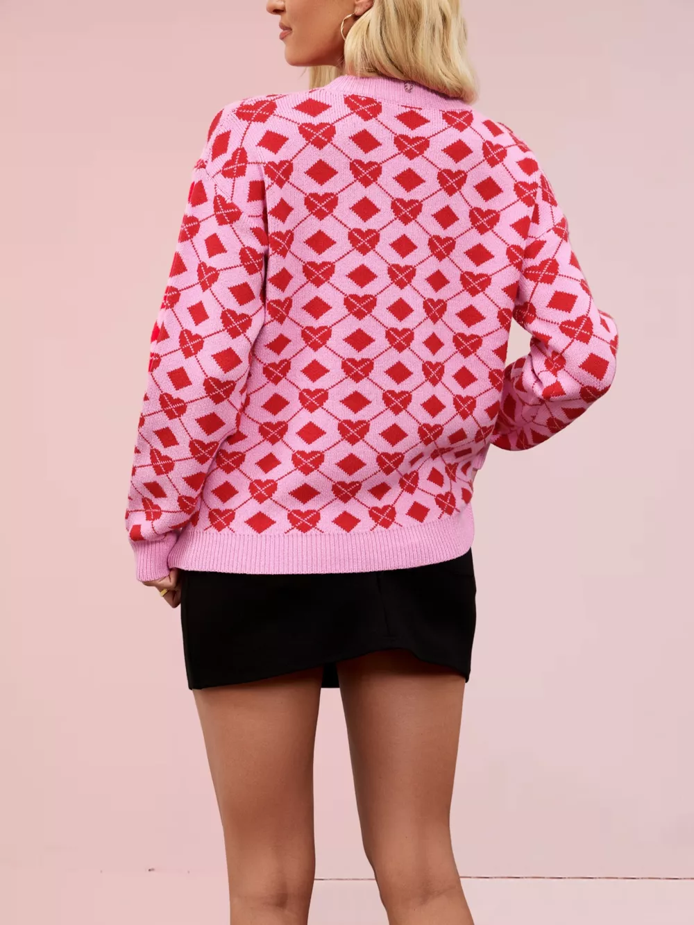 Heart & Diamond Pattern Long Sleeve Sweater, image 10