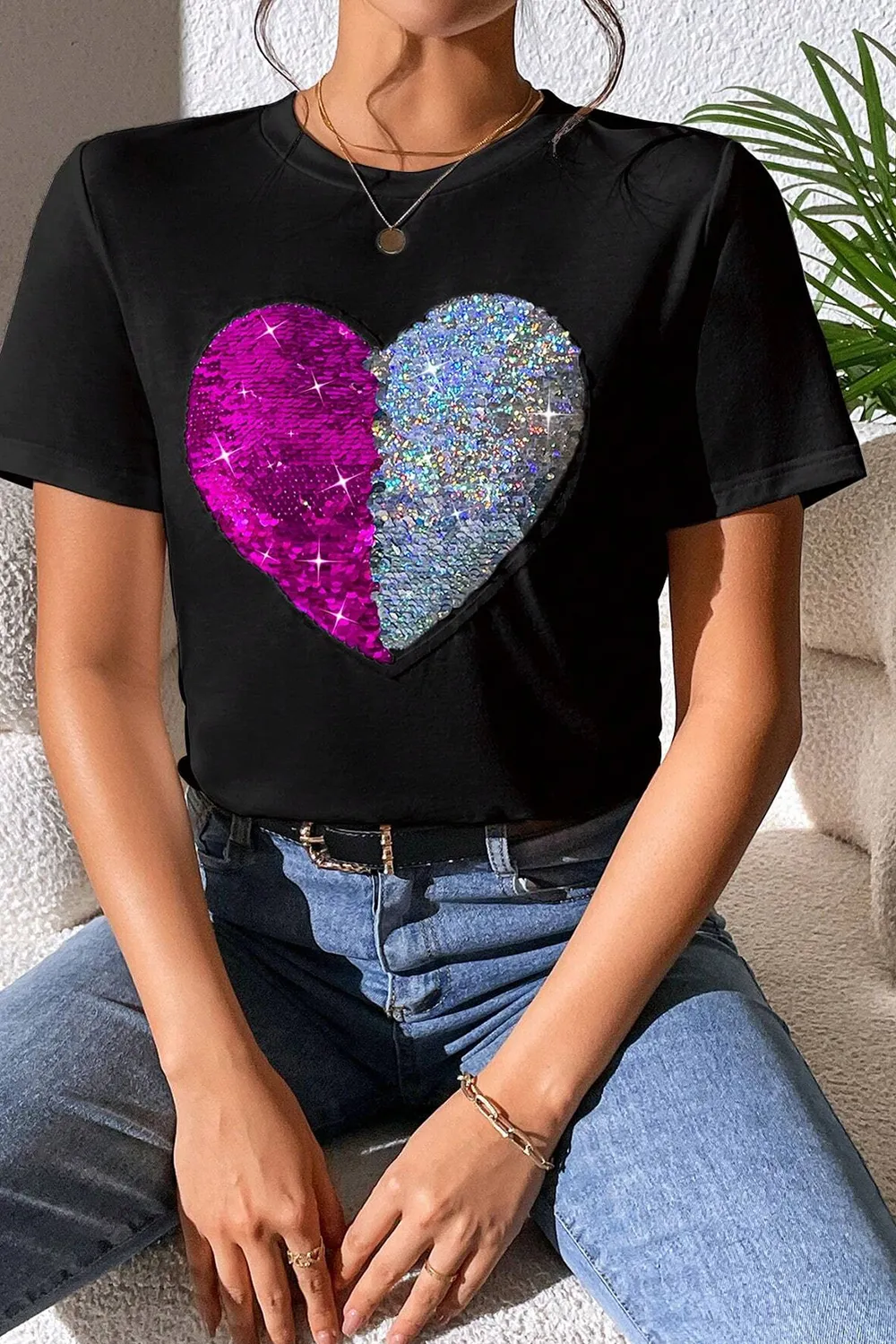 Heart Sequin Round Neck Short Sleeve T-Shirt, image 2