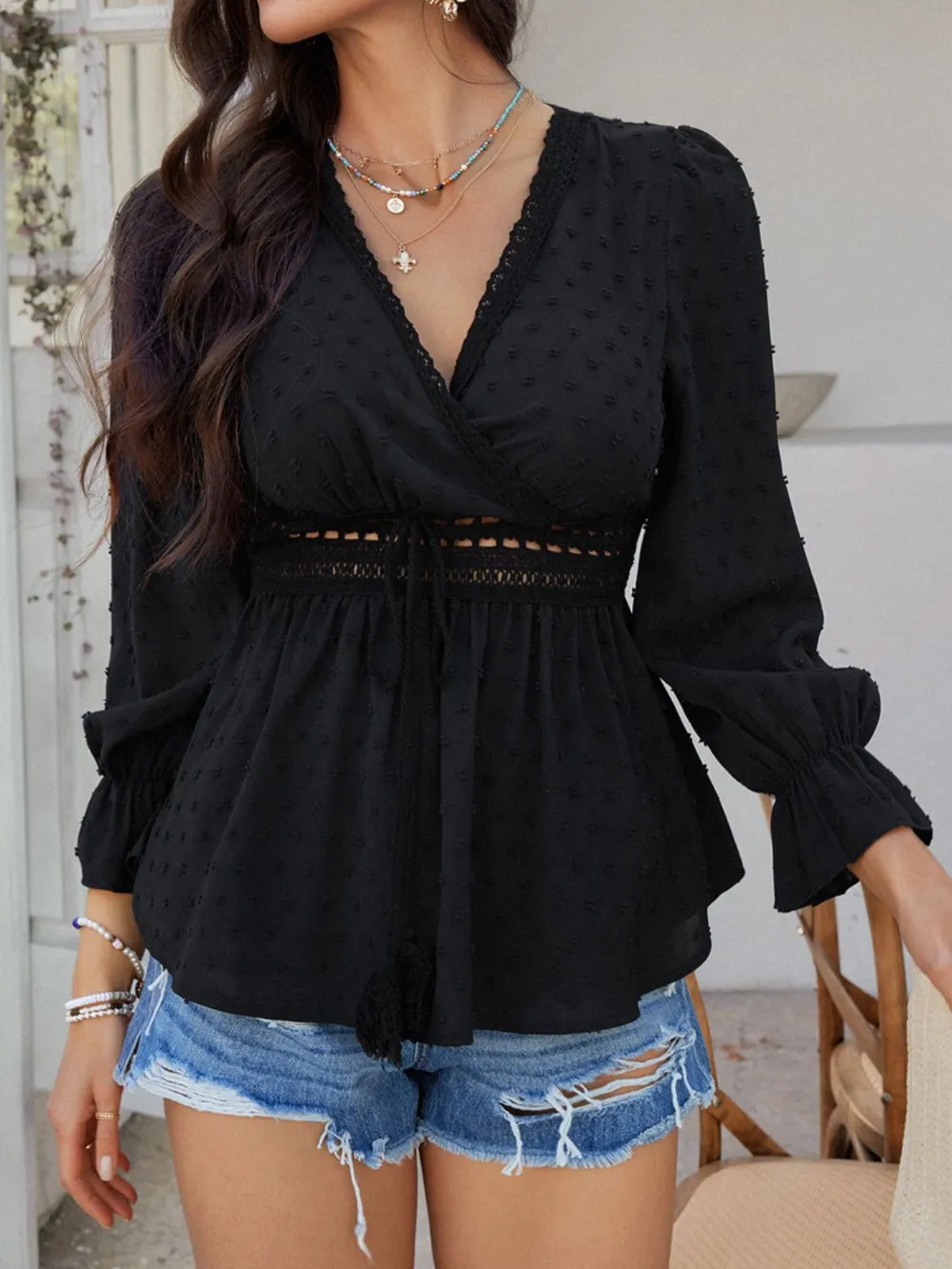 Swiss Dot Lace Detail Surplice Flounce Sleeve Blouse