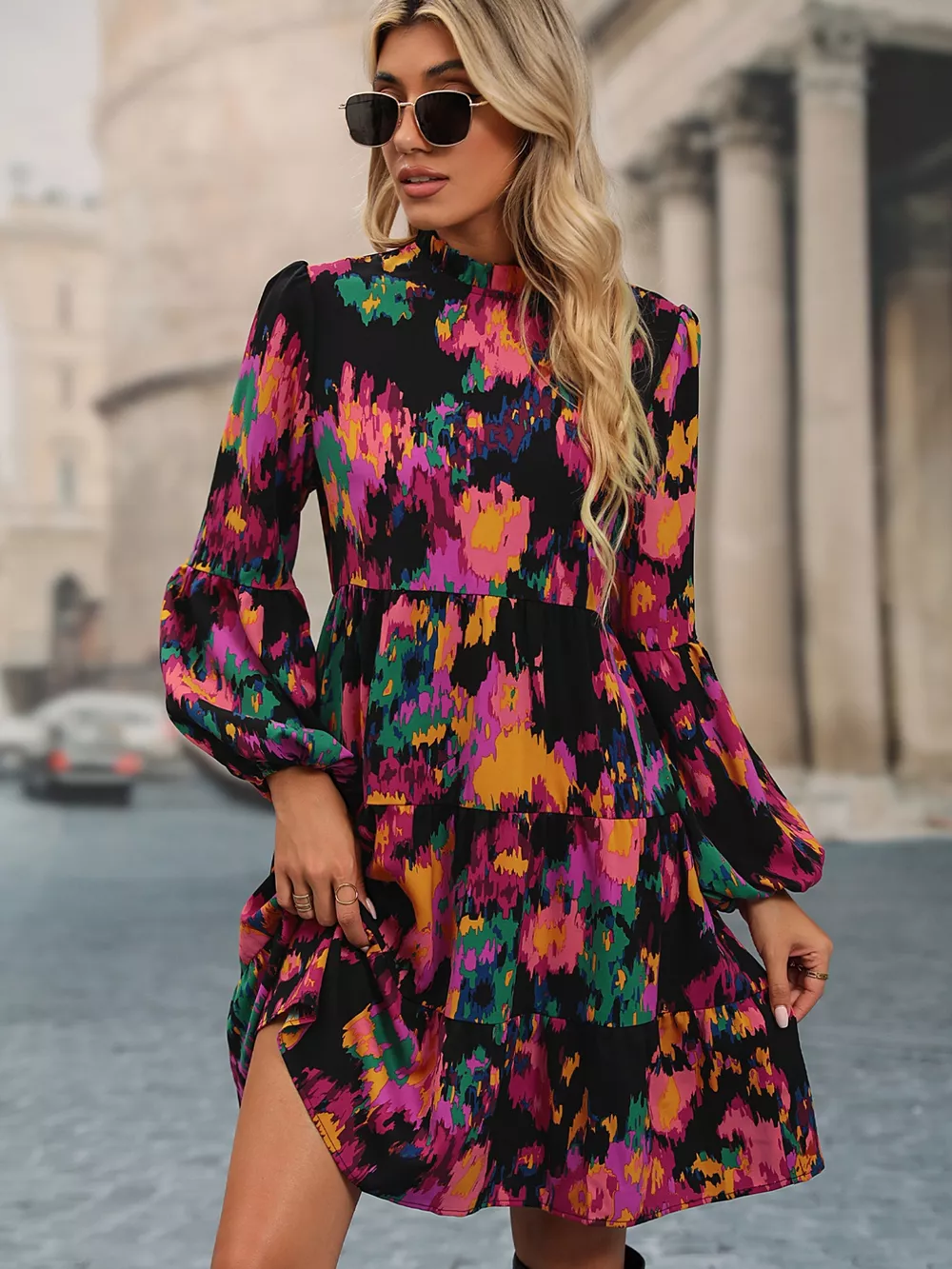 Printed Balloon Sleeve Mini Dress, image 4