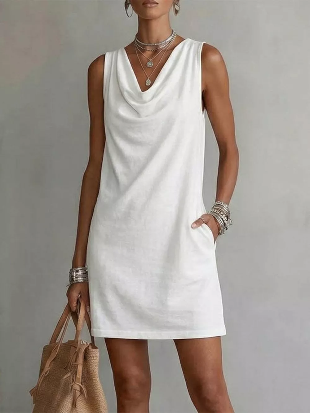 Casual Sleeveless Cowl Neck Mini Dress