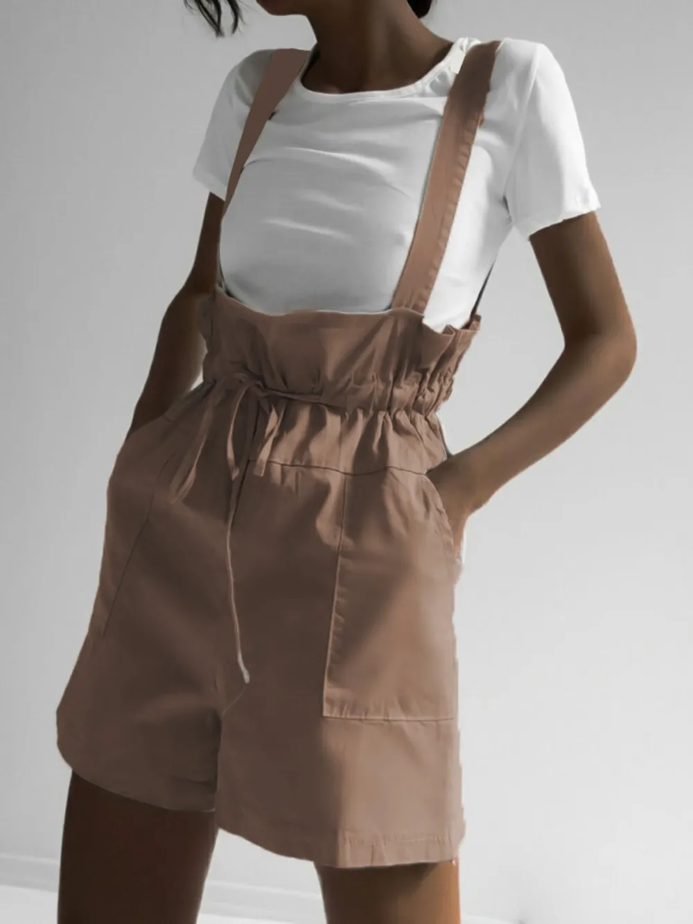 Drawstring Wide Strap Overalls with Pockets, image 2