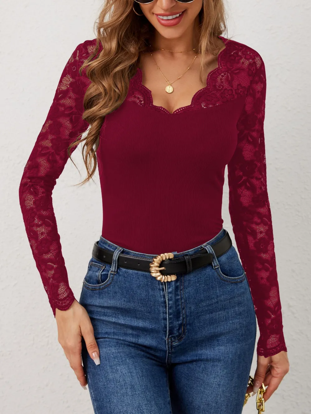Lace Wavy Hem V-Neck Long Sleeve Top, image 7
