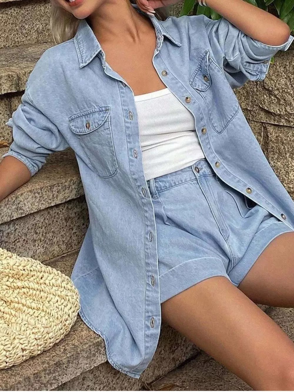 Button Up Long Sleeve Shirt and Shorts Denim Set, image 8