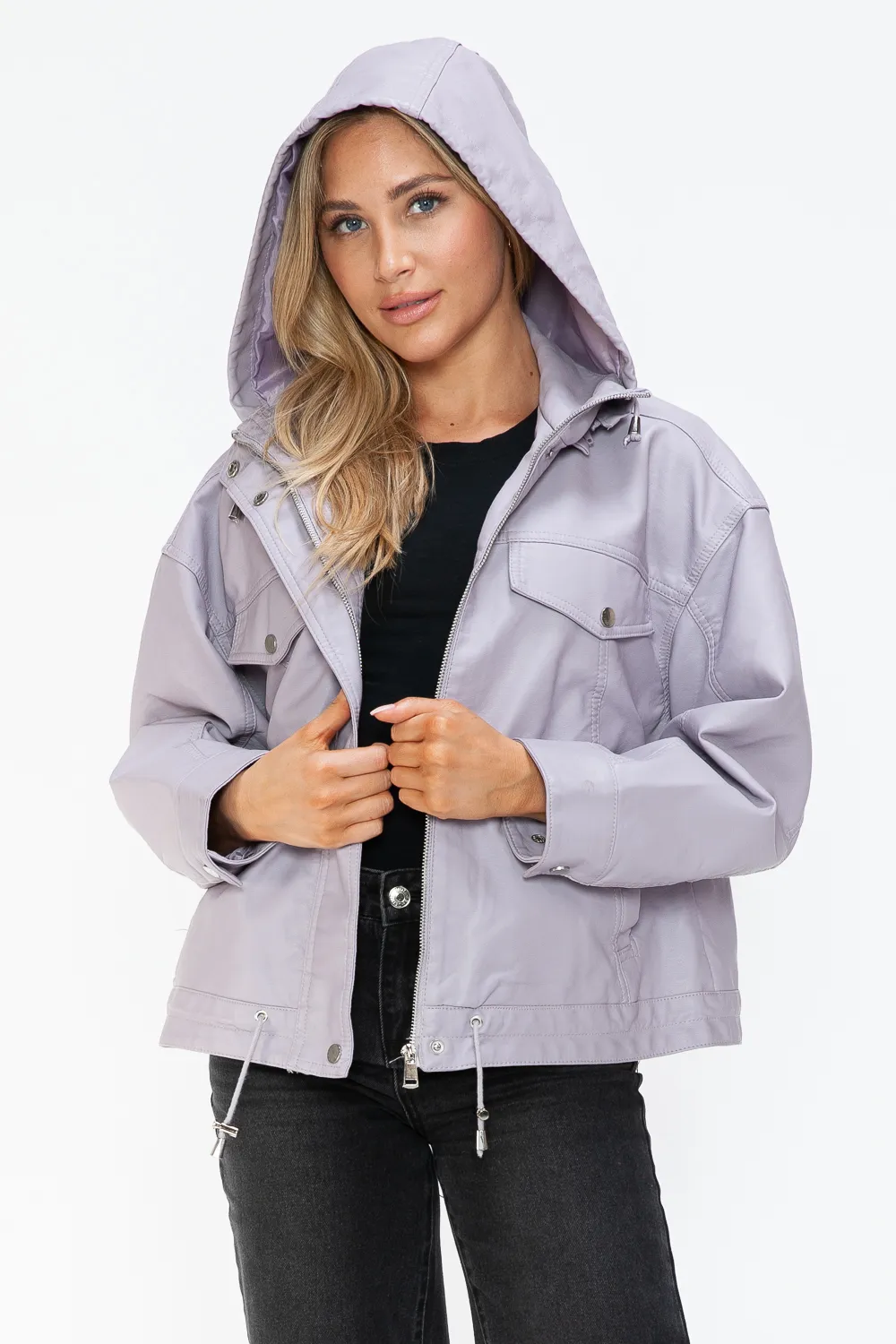 Drawstring Hem PU Leather Zip Up Jacket, image 18