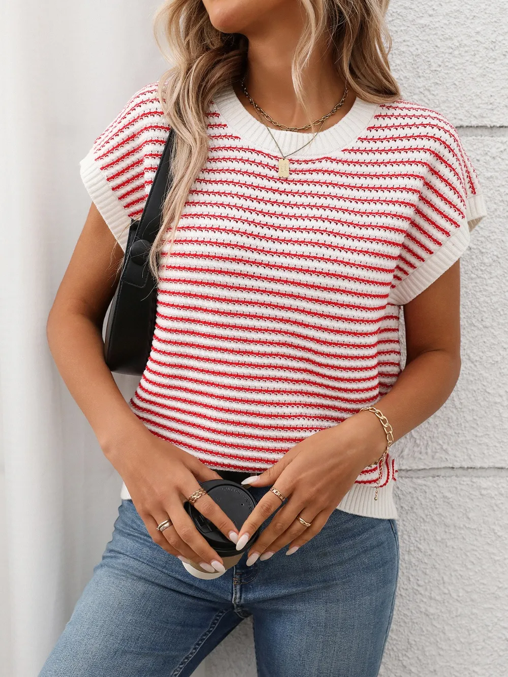 Striped Round Neck Short Sleeve Knit Top, image 3