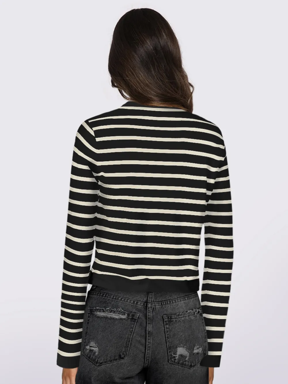 Striped Round Neck Button Up Long Sleeve Cardigan, image 6