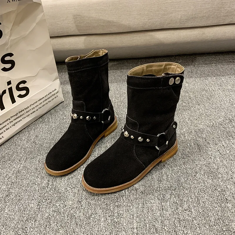 Studded Suede Mid-Calf Harness Boots, image 4