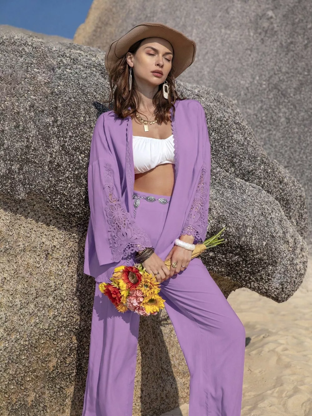 Lace Detail Open Front Cover Up and Pants Set