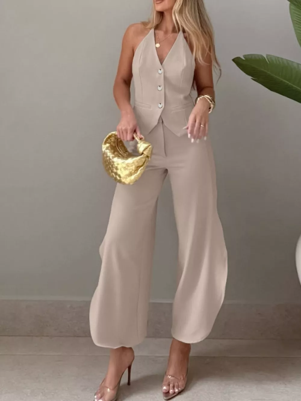 Halter Neck Vest & Wide Leg Pants Set, image 3