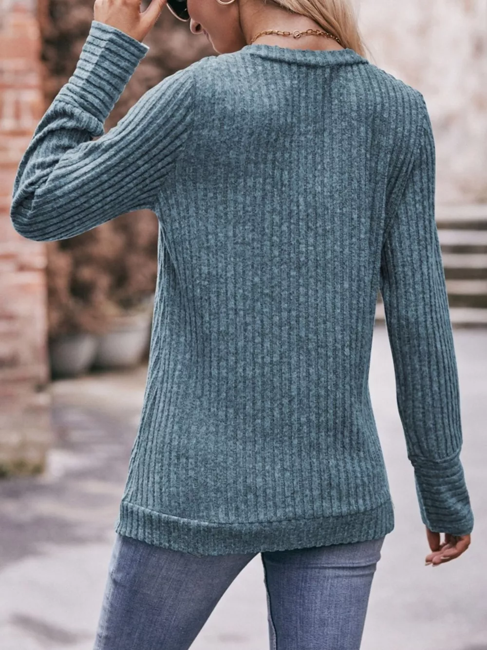 V-Neck Ribbed Knit Long Sleeve T-Shirt, image 5