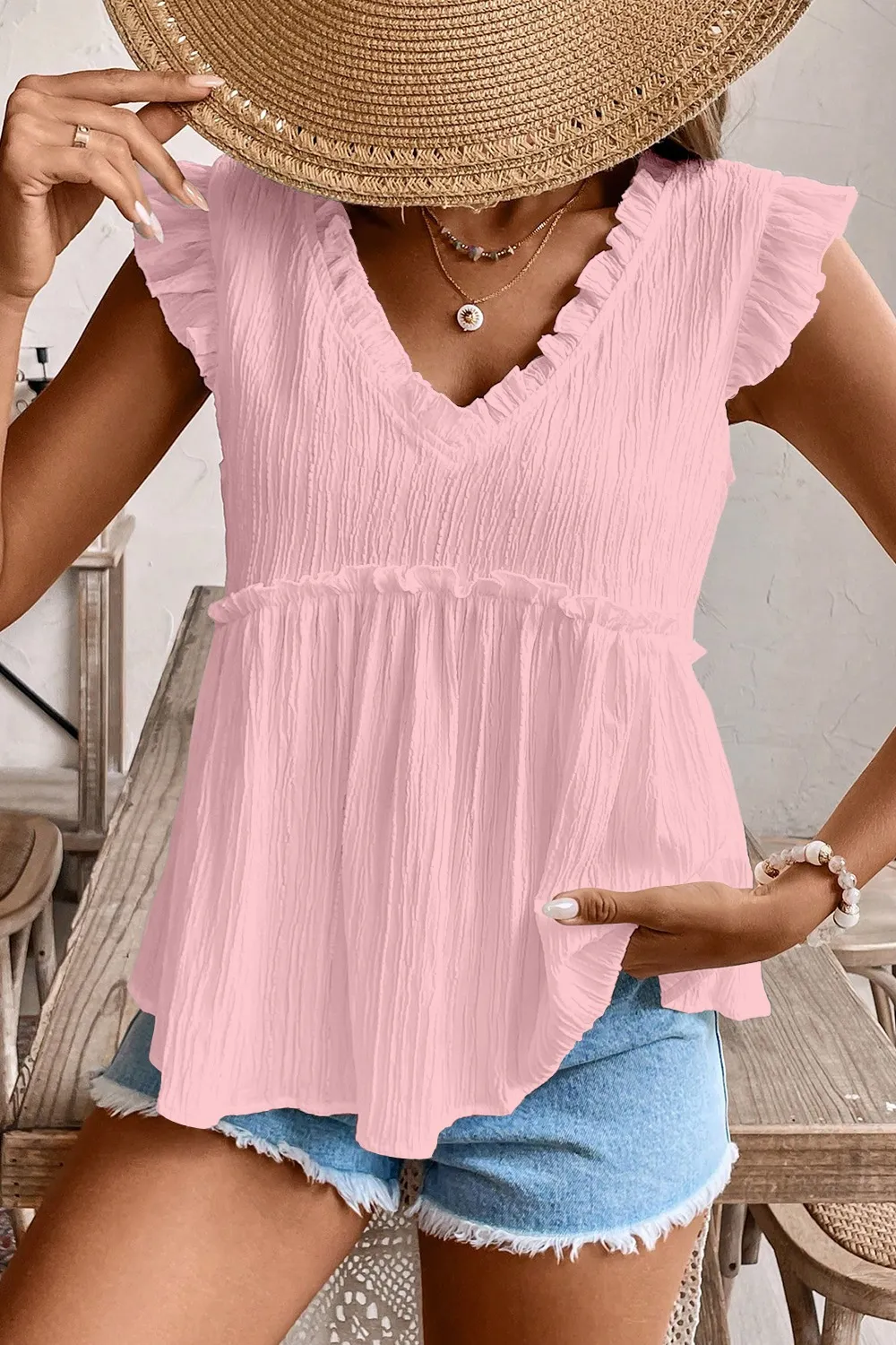 Ruffled Trim V Neck Flutter Flowy Top, image 6