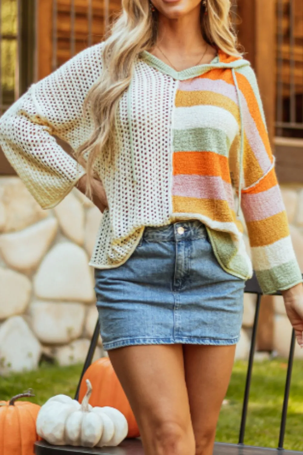 Openwork Color Block Hooded Sweater, image 8
