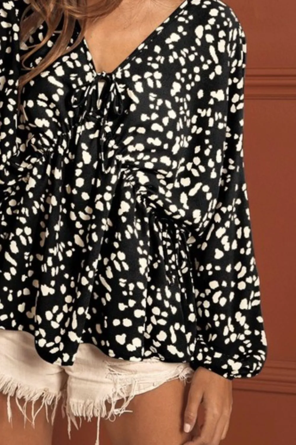 Leopard Woven Tied Spaghetti V Neck Lslv Top, image 2