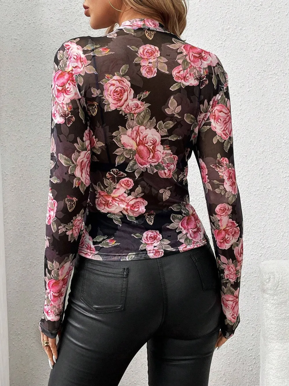 Mesh Floral Mock Neck Long Sleeve Top, image 4