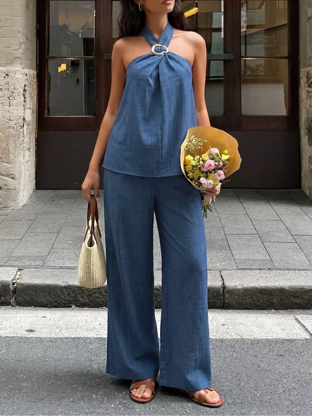 Halter Neck Top and Wide-Leg Pants Set