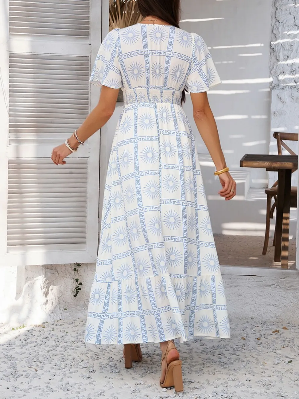 Smocked Printed V-Neck Short Sleeve Maxi Dress, image 6