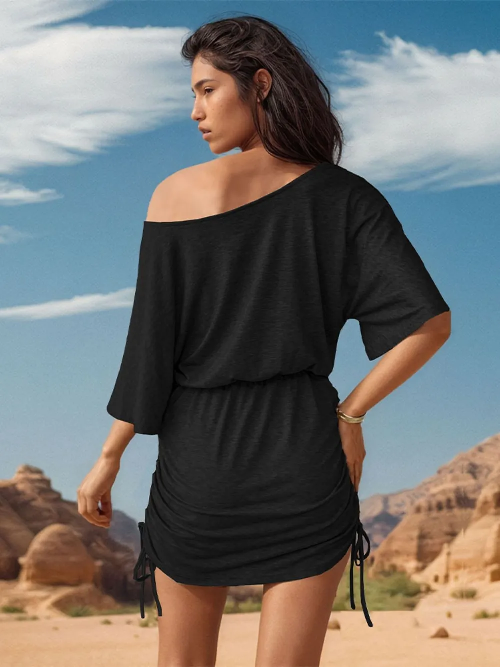 Drawstring One Shoulder Three-Quarter Sleeve Mini Dress, image 3