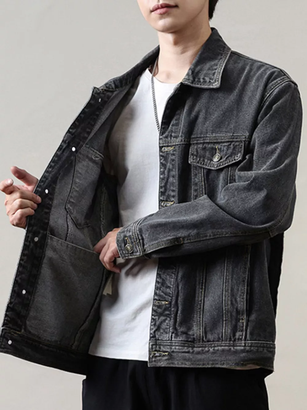 Men's Full Size Classic Washed Denim Jacket with Chest Pockets Plus Size, image 3