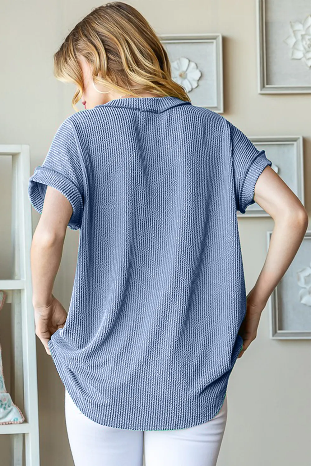 Full Size Front Pocket Short Sleeve Ribbed Top, image 2