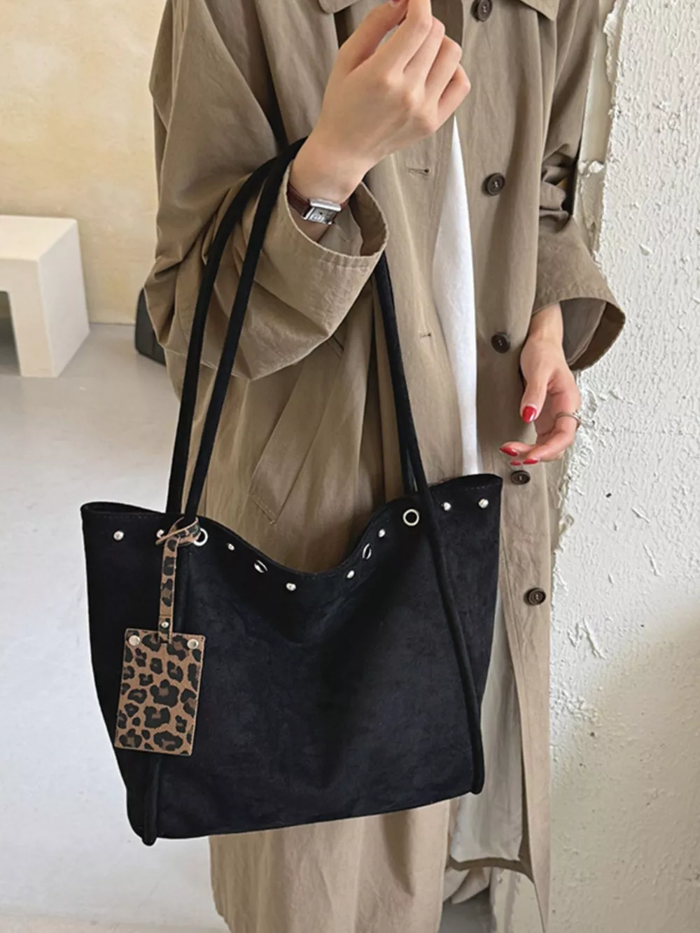 Studded Solid Tote Bag, image 3
