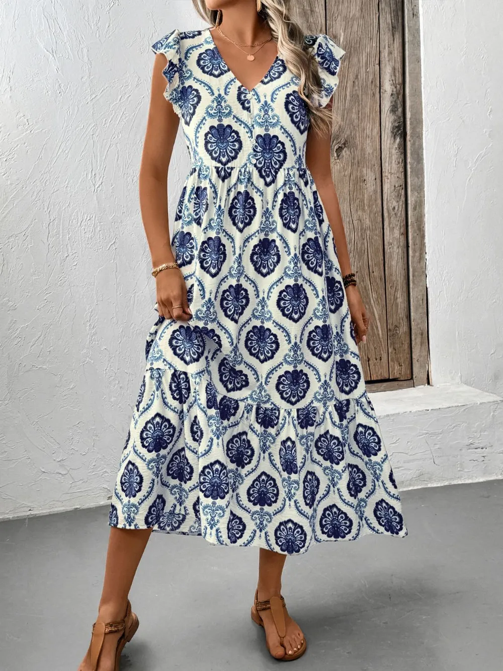 Printed V-Neck Cap Sleeve Dress, image 7