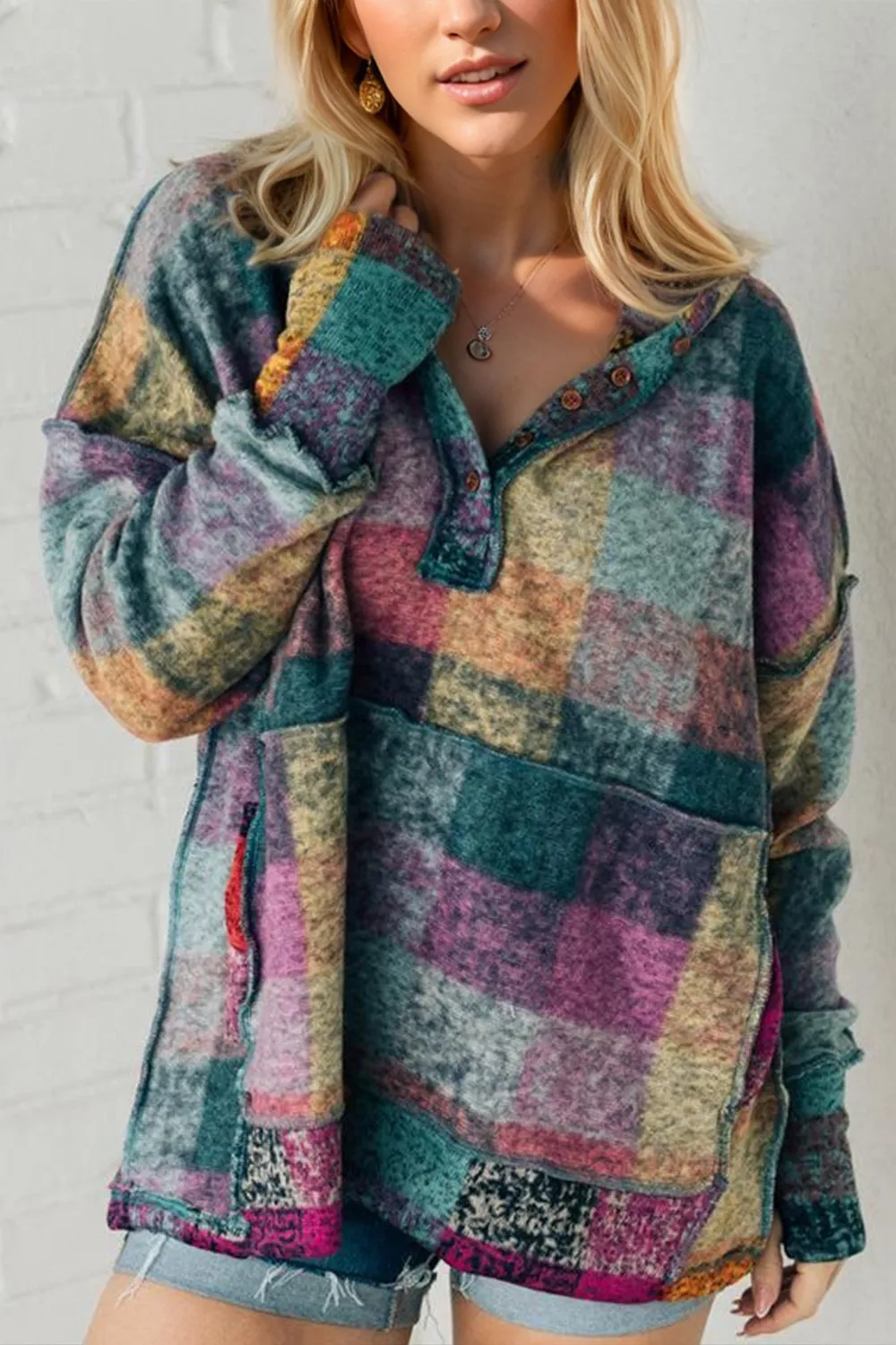 Full Size Half Button Thumbhole Long Sleeve Fleece Hoodie