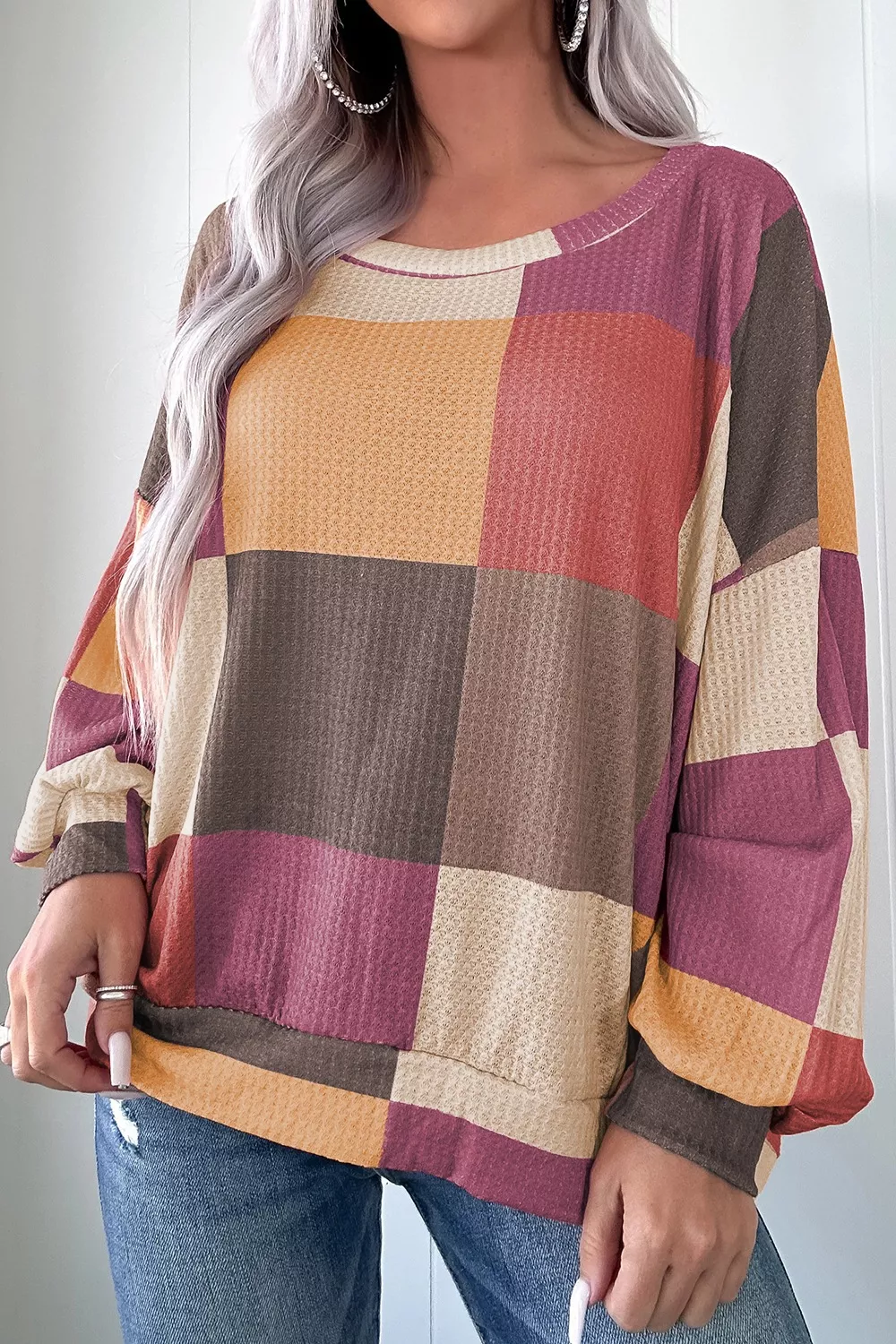 Color Block Round Neck Long Sleeve Top, image 2