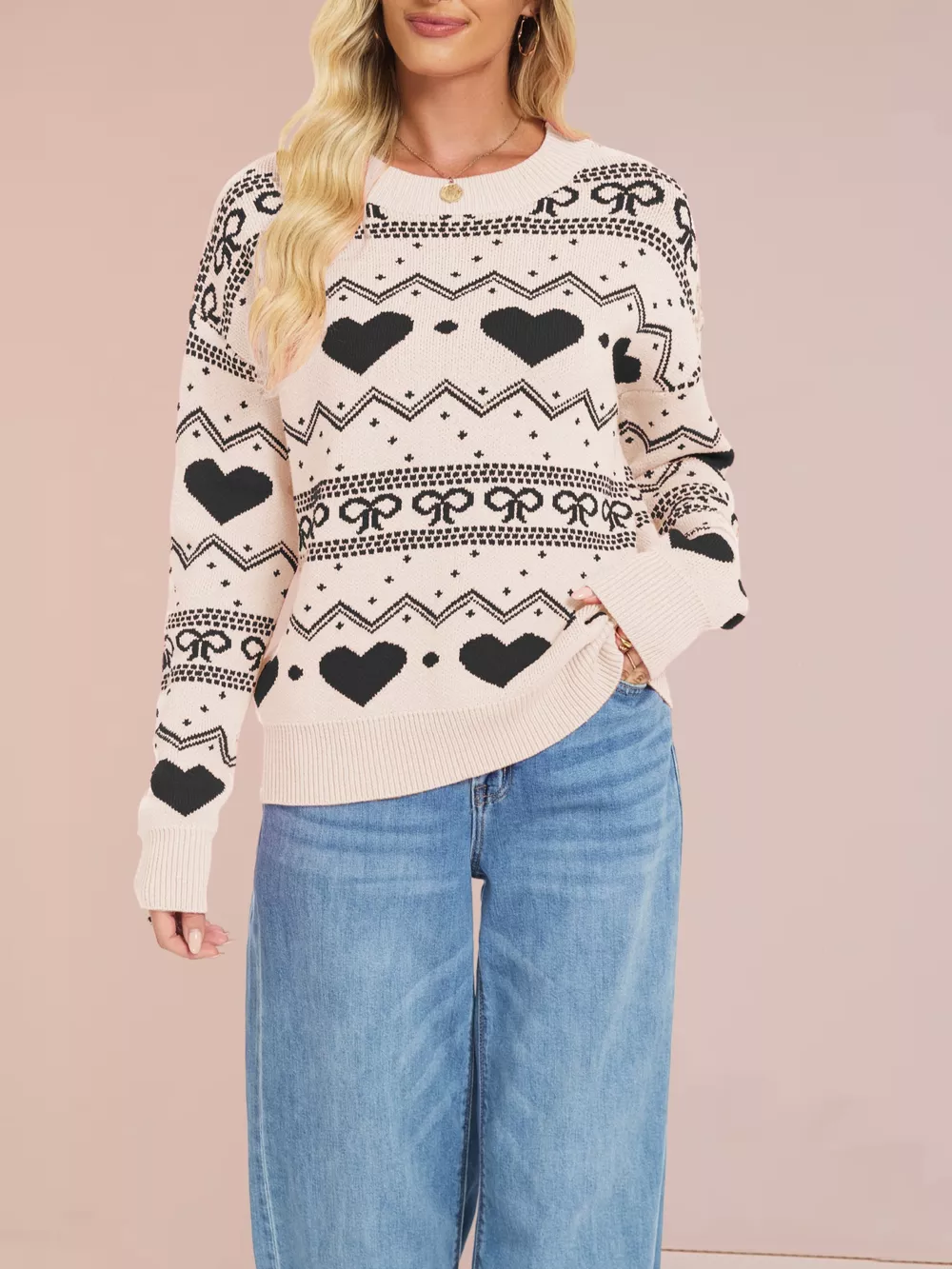 Heart & Bow Pattern Round Neck Sweater, image 14
