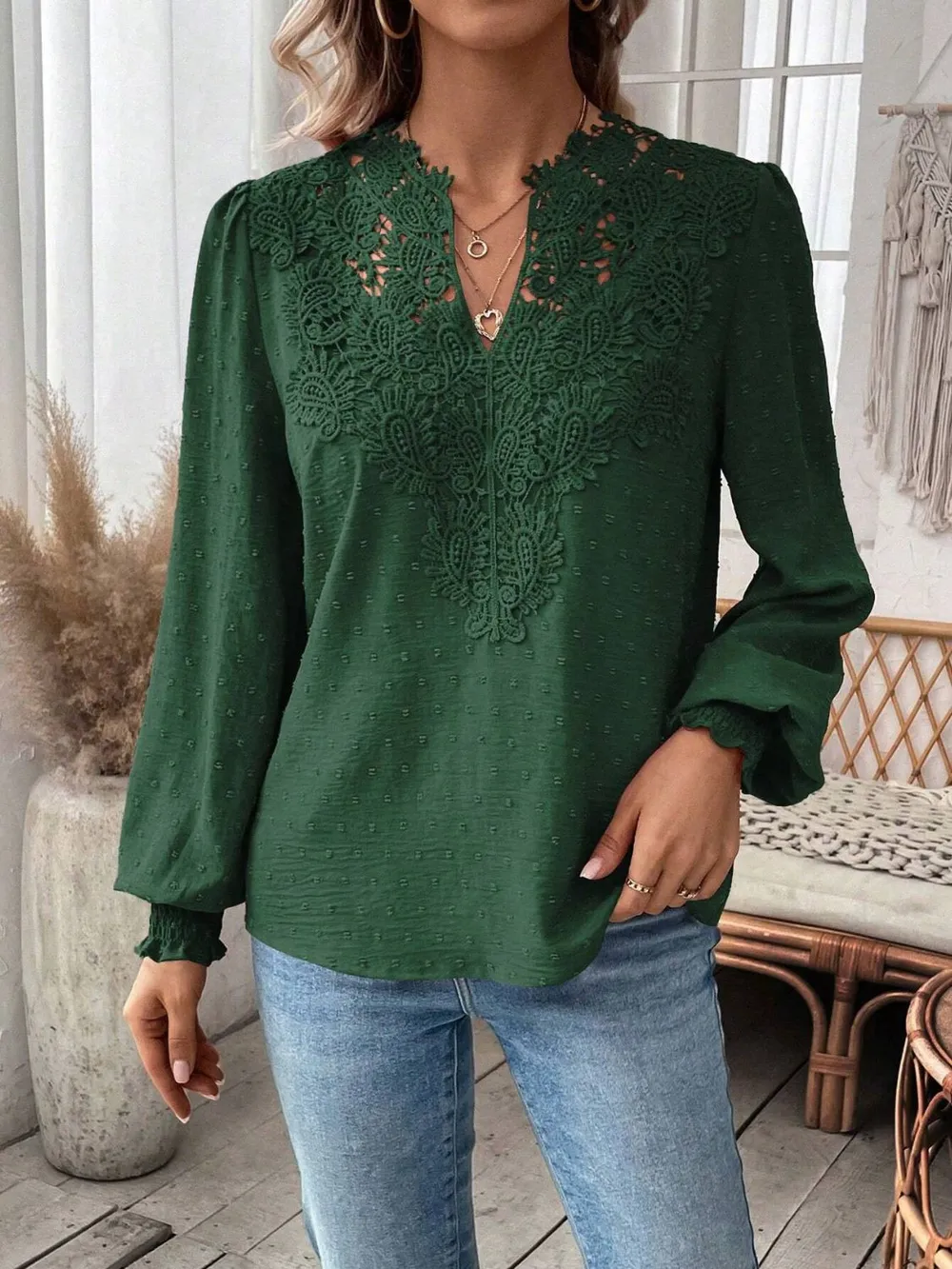 Swiss Dot Lace Detail Notched Long Sleeve Blouse, image 7