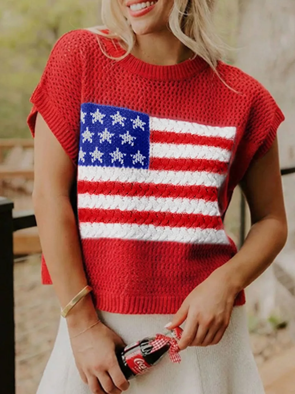 American Flag Knitted Short Sleeve Sweater