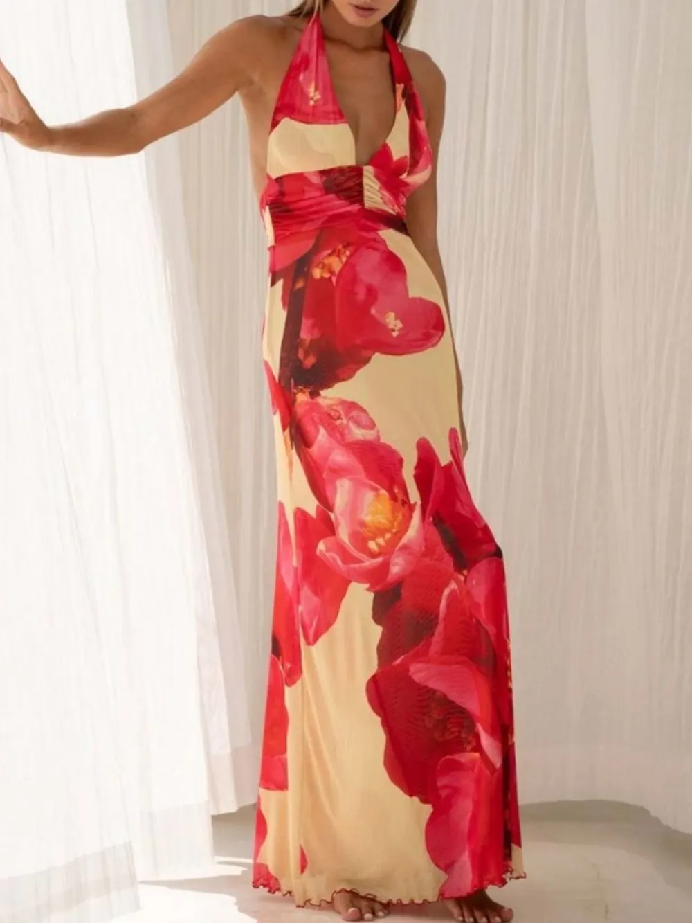 Floral Halter Neck Deep V Maxi Dress, image 3