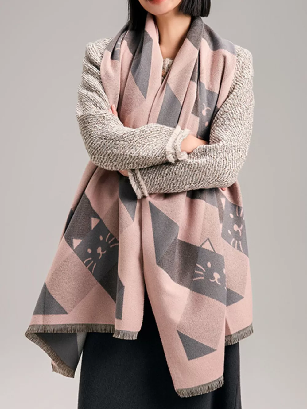 Cute Cat Pattern Plaid Raw Hem Scarf, image 5